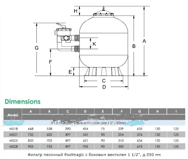 Фильтр песочный Poolmagic с боковым вентилем 1 1/2", д.550 мм 649_554